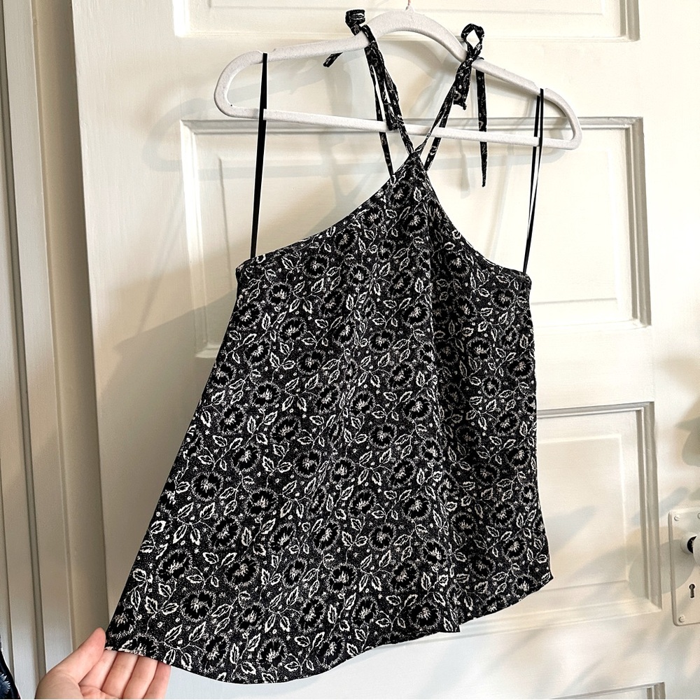 Rebecca Taylor Floral Halter Top Black White Silky Flowy Sz 0 XS